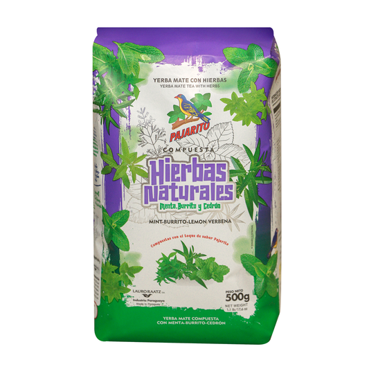 Bag of Hierbas Naturales with green and purple design on a white background