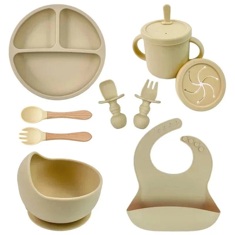Set Repas Bébé 9 Pièces en Silicone - Mini merveille14:200003699Beige 9PCS Wood Set