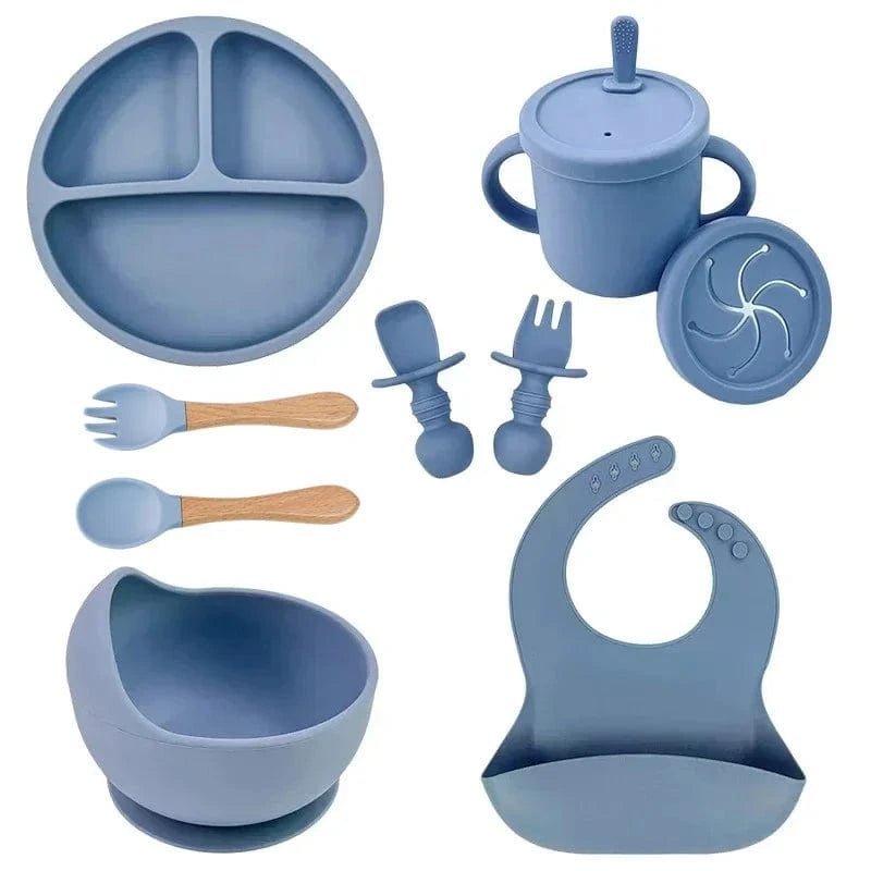 Set Repas Bébé 9 Pièces en Silicone - Mini merveille14:350852Blue 9PCS Wood Set